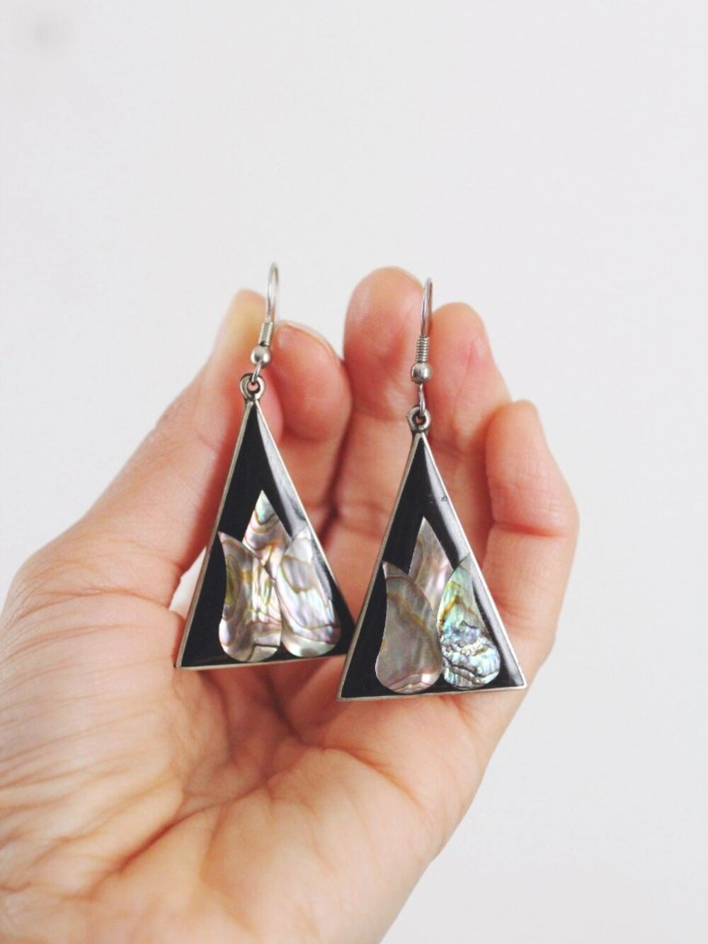 Vintage Black Enamel Abalone Shell Triangle Dangle Earrings Alpaca Silver Mexico